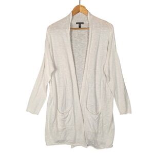 Eileen Fisher Cardigan Large White Organic Linen Cotton Open Front Mid-Length